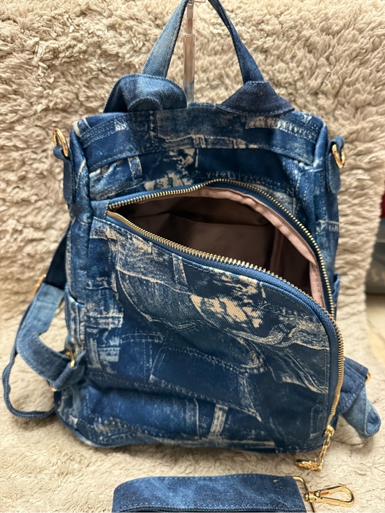 Embellished Denim Backpack in Blue with Crystal Details main image 6